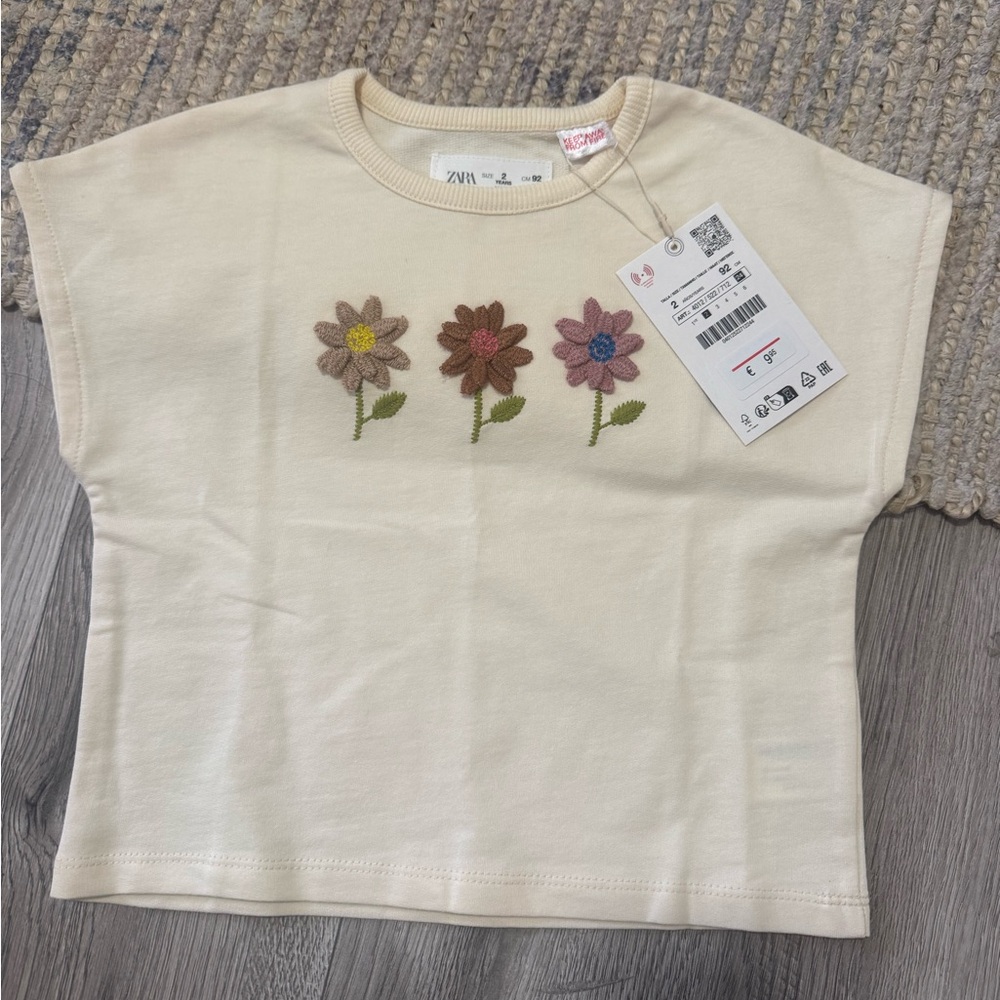 Zara Kids Beige Tee with Floral Embroidery